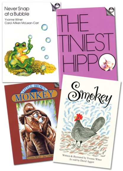 Four small books, Never Snap at a Bubble, The Tiniest Hippo, Little Brown Monkey and Smokey
